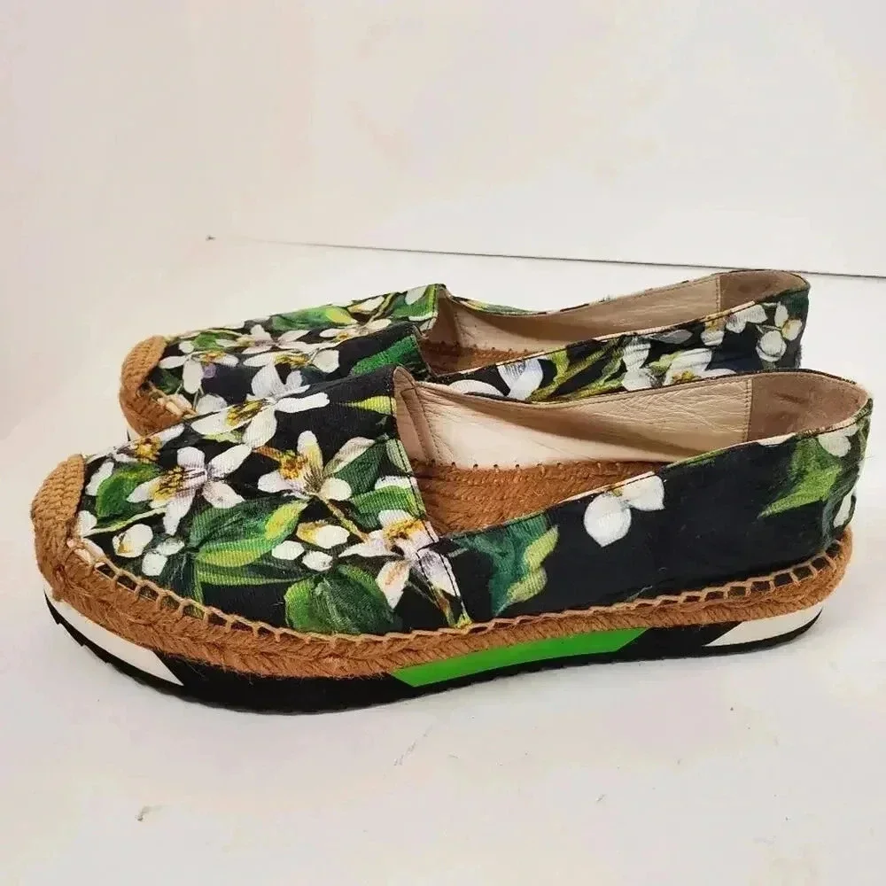 Dolce & Gabbana Multicolor Floral Print Brocade Fabric Espadrille Flats Size 37
